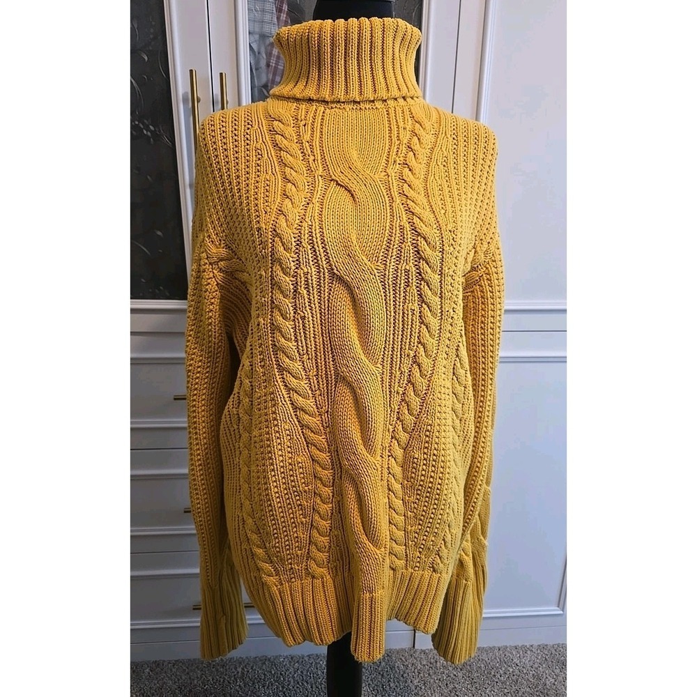 Lands' End Cable Knit Turtleneck Sweater Fisherman Golden Yellow Women's Sz XL